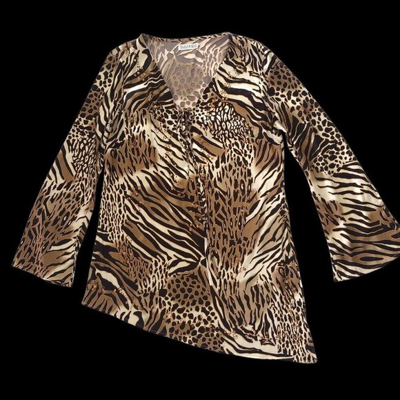 kaelyn max Tops - Vintage 90s Kaelyn Max Leopard Print Satiny Bell Sleeve Top Blouse Small
